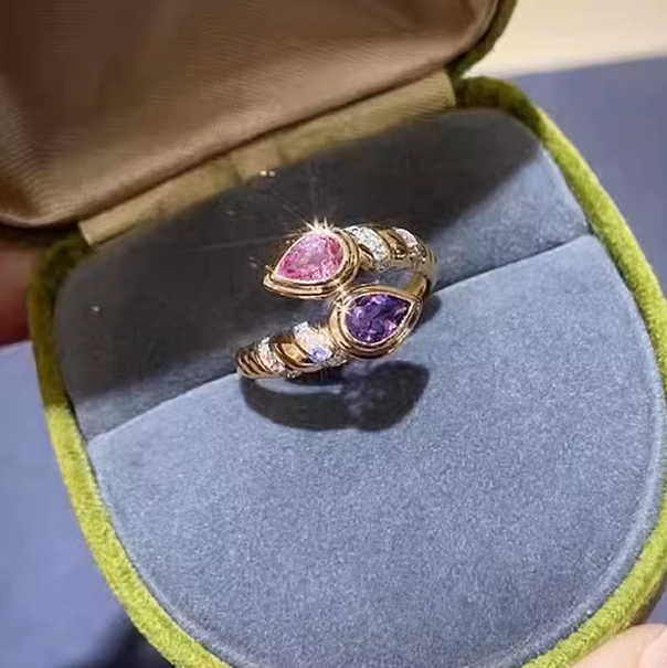 Vintage Double Snake Teardrop Ring – Pink & Violet
