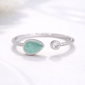 Green Teardrop Crystal Open Ring – Silver
