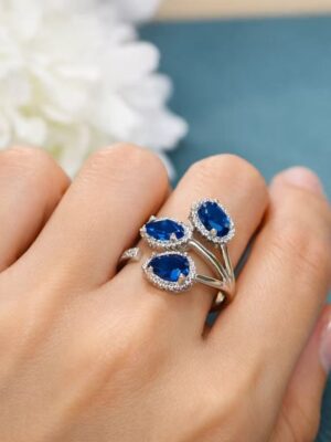 Triple Oval Crystal Ring – Sapphire Blue