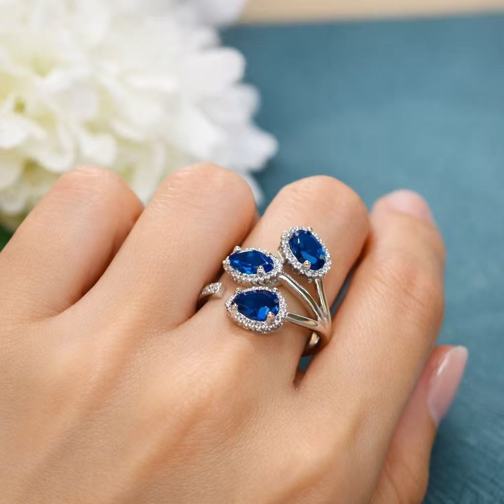 Triple Oval Crystal Ring – Sapphire Blue - Image 4